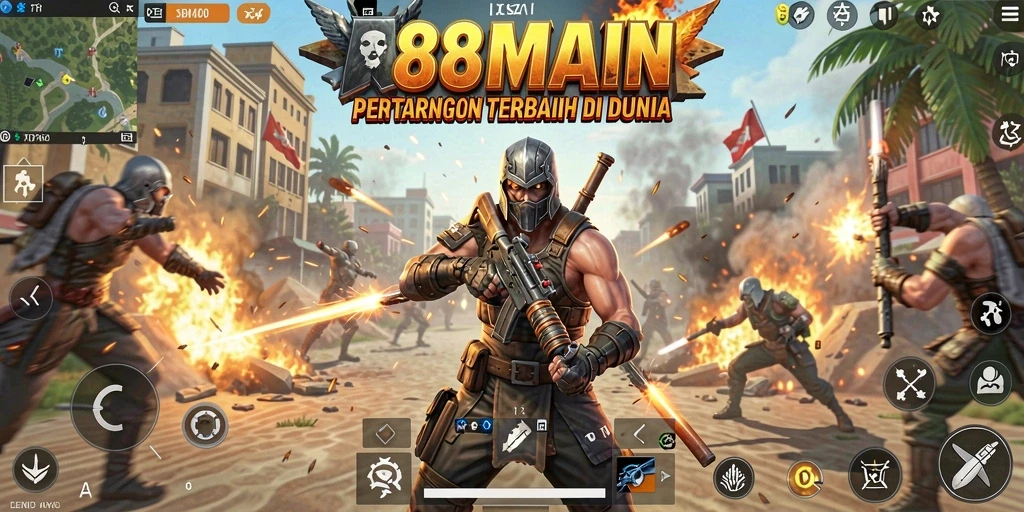 Screenshot utama 88MAIN menampilkan intensitas gameplay dalam pertempuran Battle Royale.