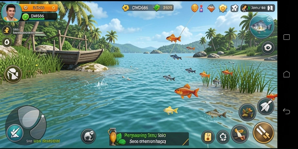 Tampilan utama gameplay DMD686 yang menarik saat menangkap ikan.