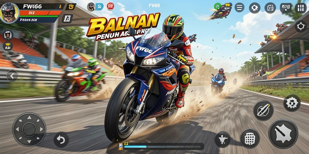 Screenshot utama menampilkan aksi balapan seru di FW66.