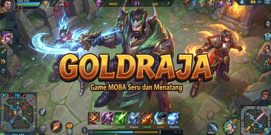 Screenshot gameplay GOLDRAJA yang menunjukkan karakter dalam aksi MOBA.