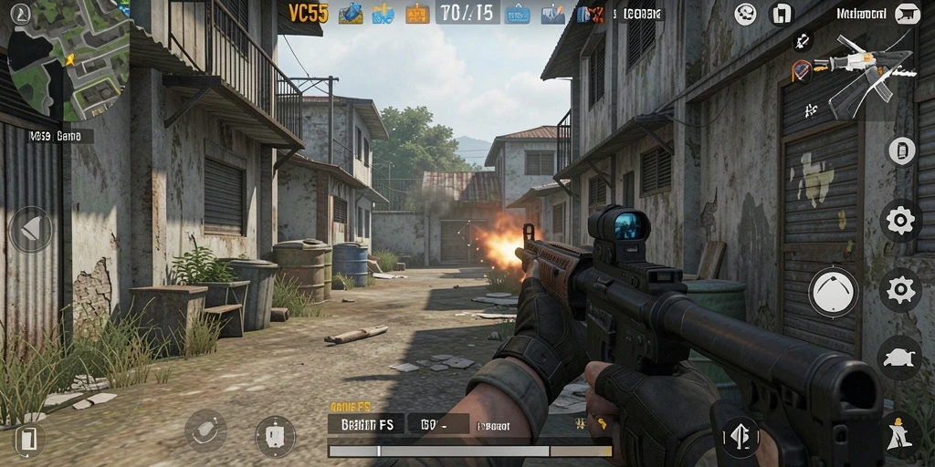 Screenshot gameplay VC55 yang menunjukkan aksi menembak mendebarkan.